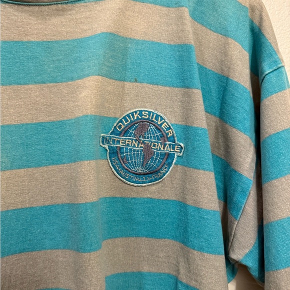 80s Quiksilver Vintage Striped Men’s Blue/Grey Patched Surf Shirt L 24x26 - Picture 3 of 7